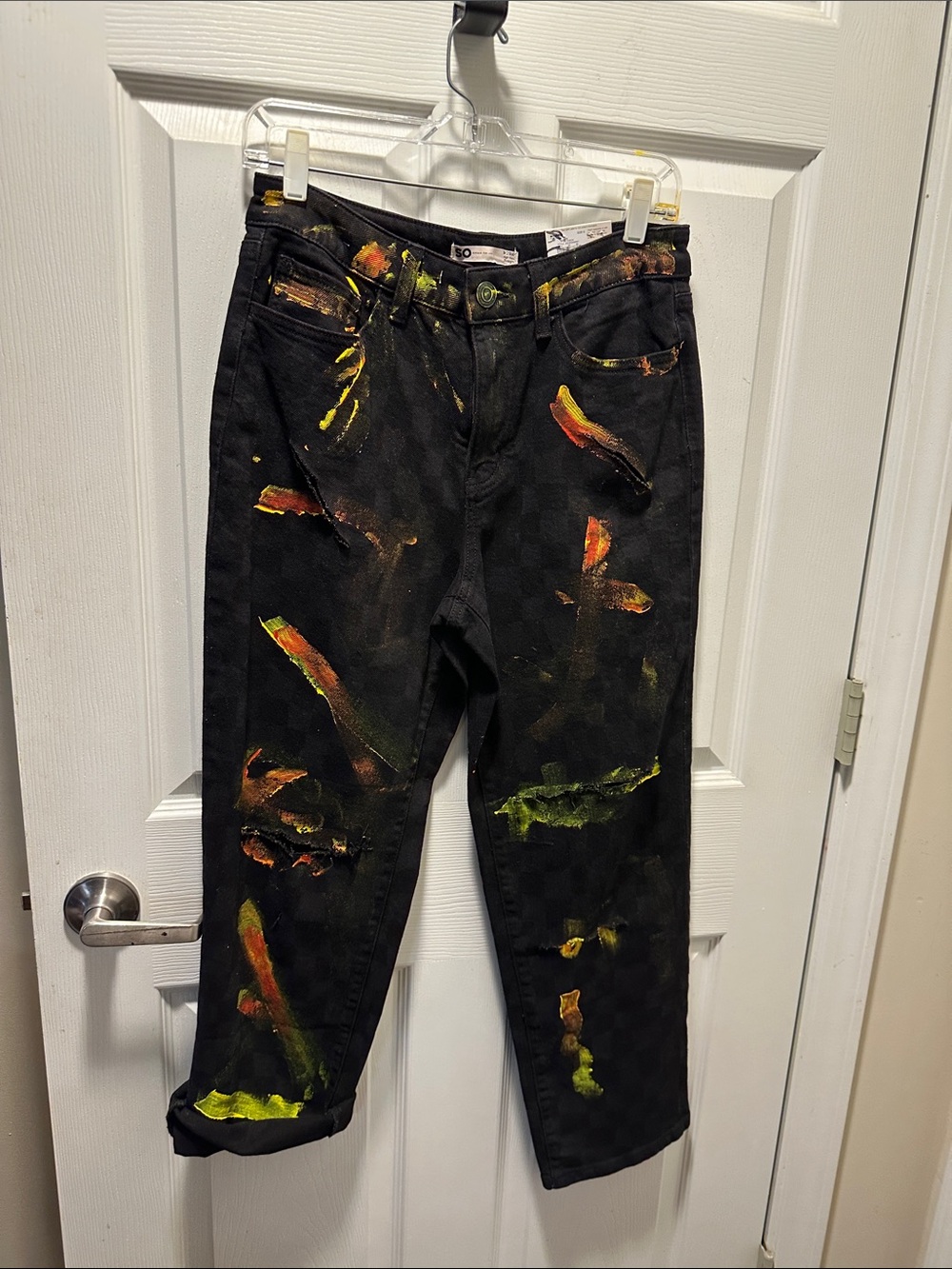 SO Black Jeans with Neon Yellow and Green Paint Splatter